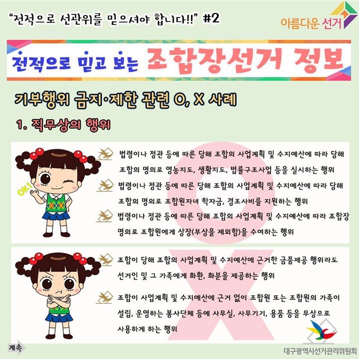 “전적으로 선관위를 믿으셔야 합니다!!” #2 전적으로 믿고 보는 조합장선거 정보 기부행위 금지, 제한 관련 O,X 사례 1. 직무상의 행위 O사례 - 법령이나 정관 등에 따른 당해 조합의 사업계획 및 수지예산에 따라 당해 조합의 명의로 영농지도, 생활지도, 법률구조사업 등을 실시하는 행위. 법령이나 정관 등에 따른 당해 조합의 사업계획 및 수지예산에 따라 당해 조합의 명의로 조합원자녀 학자금, 경조사비를 지원하는 행위. 법령이나 정관 등에 따른 당해 조합의 사업계획 및 수지예산에 따라 조합장 명의로 조합원에게 상장(부상을 제외함)을 수여하는 행위. X사례 - 조합이 당해 조합의 사업계획 및 수지예산에 근거한 금품제공 행위라도 선거인 및 그 가족에게 화환, 화분을 제공하는 행위. 조합이 사업계획 및 수지예산에 근거 없이 조합원 또는 조합원의 가족이 설립, 운영하는 봉사단체 등에 사무실, 사무기기, 용품 등을 무상으로 사용하게 하는 행위.