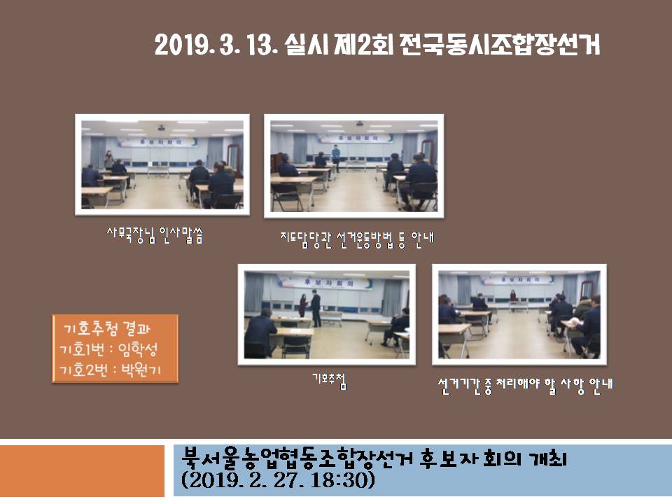 2019.3.13.실시 제2회 전국동시조합장선거 사무국장님 인사말씀, 지도담당관 선거운동방법 등 안내, 기호추첨, 선거기간 중 처리해야 할 안내 기호추첨결과 기호1번 :임학성, 기호2번:박원기 북서울농업협동조합장선거 후보자 회의 개최(2019.2.27. 18:30)