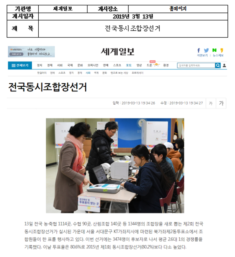 기관명 : 세계일보 기시장소 : 홈페이지 게시일자 : 2019년 3월 13일 제목 : 전국동시조합장선거  13일 전국 농축협 1114곳, 수헙 90곳, 산림조합 140곳 등 1344명의 조합장을 새로 뽑는 제2회 전국 동시조합장선거가 실시된 가운데 서울 서대문구 KT가좌지사에 마련된 북가좌제2동투표소에서 조합원들이 한 표를 행사하고 있다. 이번 선거에는 3474명이 후보자로 나서 평군 2.6대 1의 경쟁률을 기록했다. 이날 투표율은 80.6%로 2015년 제1회 동시조합장선거(80.2%)보다 다소 높았다.