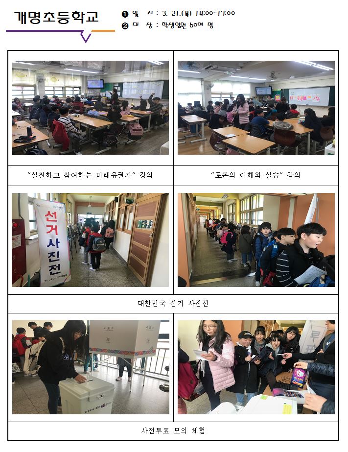 개명초등학교 일시:3.21.(목) 14:00~17:00, 대상:학생임원 60여 명, '실천하고 참여하는 미래유권자' 강의 사진, '토론의 이해와 실습' 강의, 대한민국 선거 사진전 사진 2장, 사전투표 모의 체험 사진 2장
