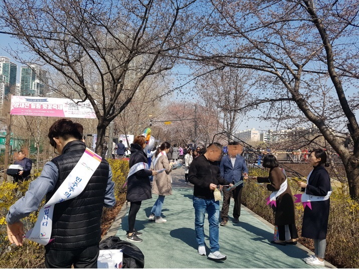 강남구선거관리위원회 직원들이 양재천 벚꽃길 산책로에서 어깨띠를 하고 축제방문객들에게 리플릿과 홍보용품을 배부하면서 기부행위 상시제한 안내 홍보 캠페인을 전개하고 있는 장면
