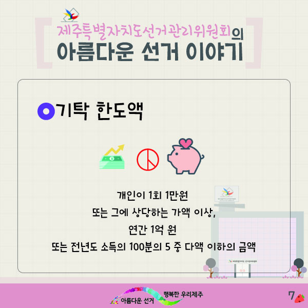 제주특별자치도선거관리위원회의 아름다운 선거 이야기. 기탁 한도액. 개인이 1회 1만원 또는 그에 상당하는 가액 이상, 연간 1억 원 또는 전년도 소득의 100분의 5 중 다액 이하의 금액.
