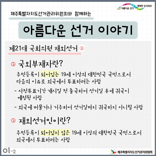 제주특별자치도선거관리위원회와 함께하는 아름다운 선거이야기1-2. 제21대 국회의원 재외선거. 국외부재자란? 주민등록이 되어있는 19세 이사의 대한민국 국민으로서 다음의 이유로 외국에서 투표하려는 사람. 사전투표기간 개시일 전 출국하여 선거일 후에 귀국이 예정된 사람. 외국에 머물거나 거주하여 선거일까지 귀국하지 아니할 사람. 재외선거인이란? 주민등록이 되어있지 않은 19세 이상의 대한민국 국민으로서 외국에서 투표하려는 사람.