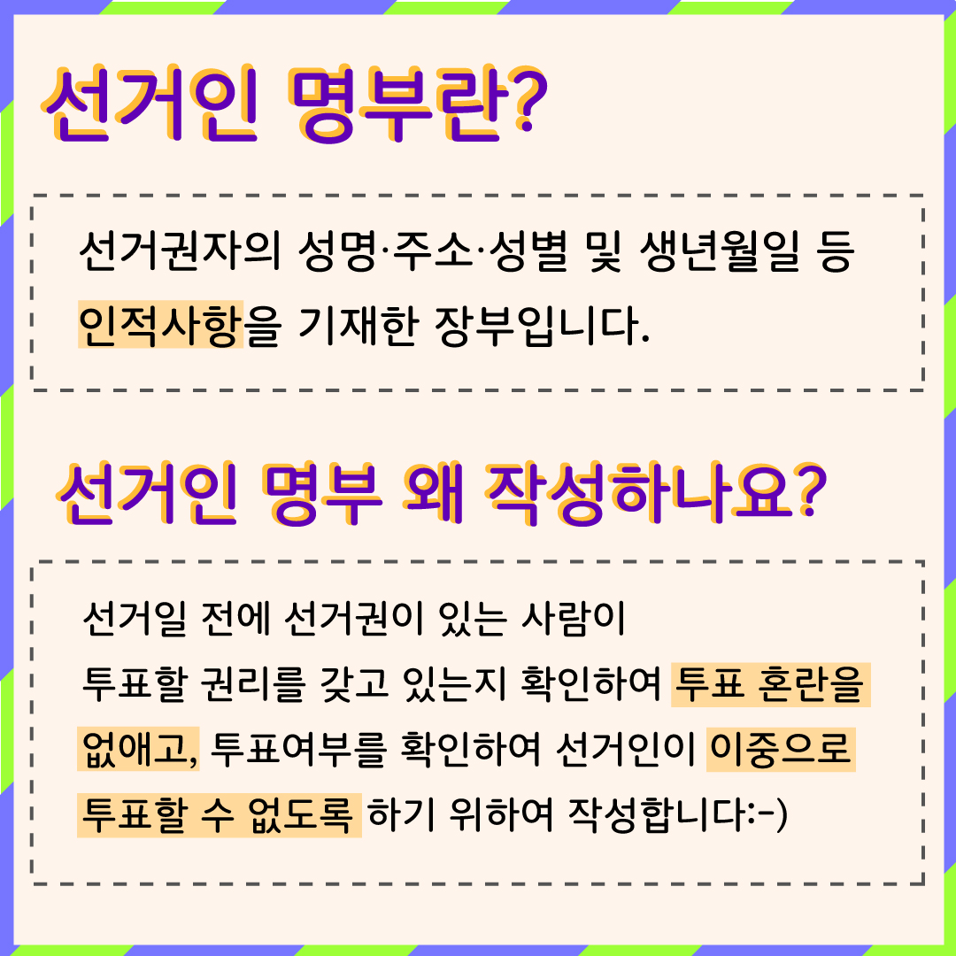 선거인명부란? 선거권자의 성명·주소·성별 및 생년얼일 등 인적사항을 기재한 장부입니다. 선거인 명부 왜 작성하나요? 선거일 전에 선거권이 있는 사람이 투표할 권리를 갖고 있는지 확인하여 투표 혼란을 없애고, 투표여부를 확인하여 선거인이 이중으로 투표할 수 없도록 하기 위하여 작성합니다.