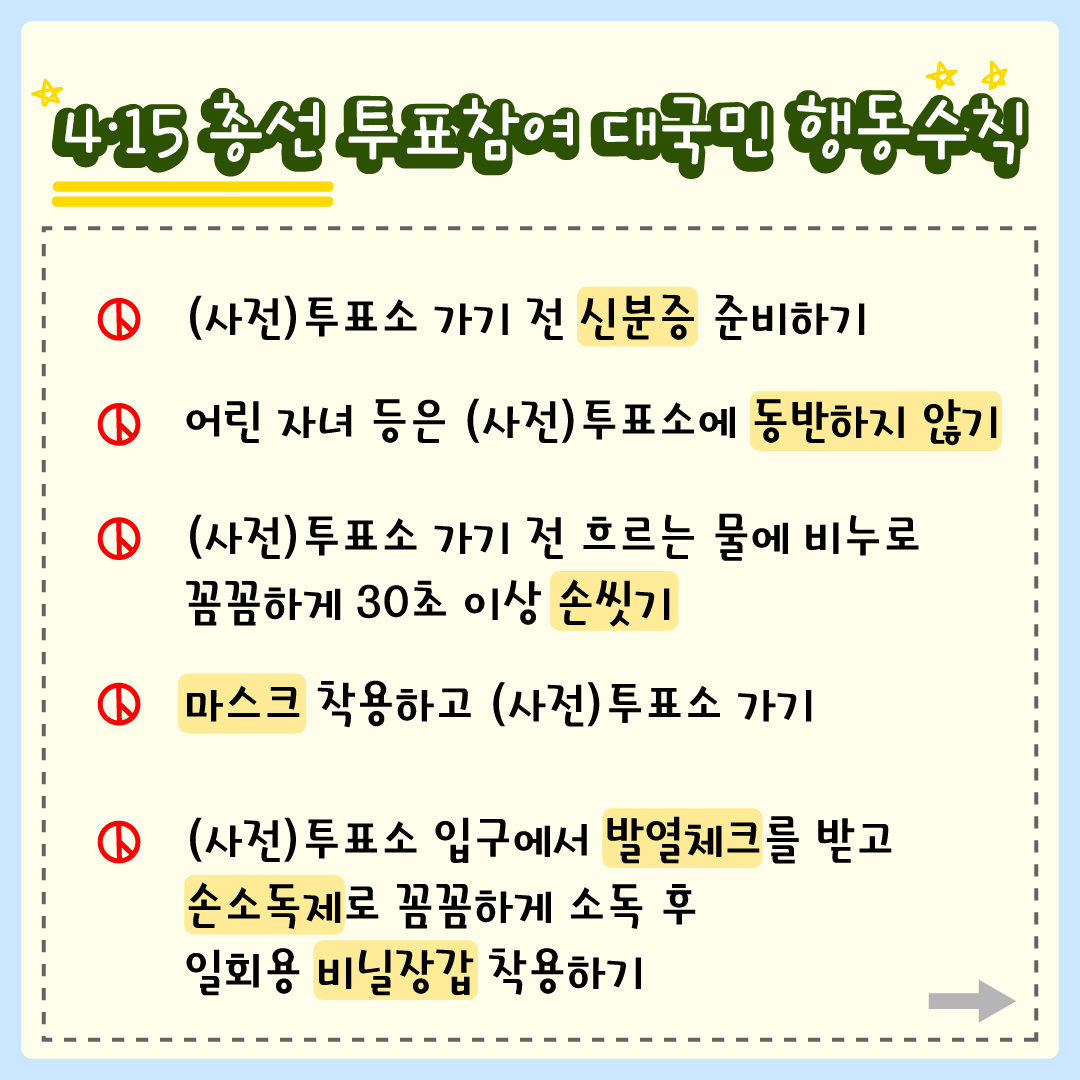 4·15 총선 투표참여 대국민 행동수칙. (사전)투표소 가기 전 신분증 준비하기. 어린자녀 등은 (사전)투표소에 동반하지 않기. (사전)투표소 가기 전 흐르는 물에 비누로 꼼꼼하게 30초 이상 손씻기. 마스크 착용하고 (사전)투표소 가기. (사전)투표소 입구에서 발열체크를 받고 손소독제로 꼼꼼하게 소독 후 일회용 비닐장갑 착용하기.