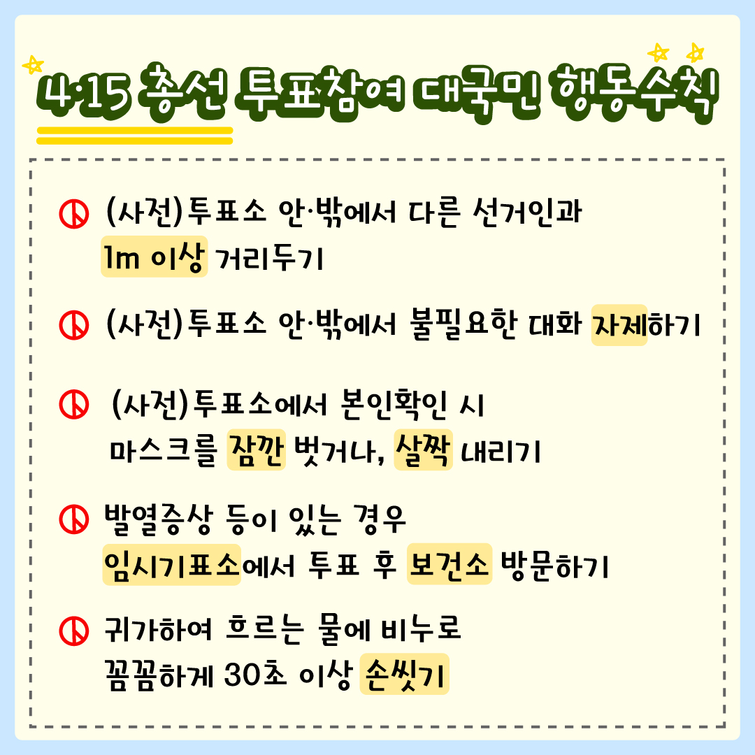4·15총선 투표참여 대국민 행동수칙. (사전)투표소 악·밖에서 다른 선거인과 1m 이상 거리두기. (사전)투표소 안·밖에서 불필요한 대화 자제하기. (사전)투표소에서 본인확인 시 마스크를 잠깐 벗거나, 살짝 내리기. 발열증상 등이 있는 경우 임시기표소에서 투표 후 보건소 방문하기. 귀가하여 흐르는 물에 비누로 꼼꼼하게 30초 이상 손씻기