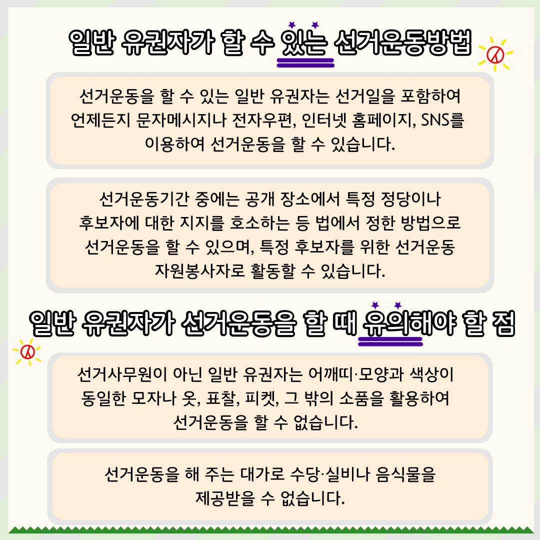일반유권자가 할 수  있는 선거운동방법 - 선거운동을 할 수 있는 일반 유권자는 선거일을 포함하여 언제든지 문자메시지나 전자우편, 인터넷 홈페이지, sns를 이용하여 선거운동을 할 수 있습니다. 선거운동기간 중에는 공개 장소에서 특정 정당이나 후보자에 대한 지지를 호소하는 등 법에서 정한 방법으로 선거운동을 할 수 있으며, 특정 후보자를 위한 선거운동 자원봉사자로 활동할 수 있습니다. 일반 유권자가 선거운동을 할 ？ 유의해야 할 점 - 선거사무원이 아닌 일반 유권자는 어깨띠·모양과 색상이 동일한 모자나 옷 표찰, 피켓, 그 밖의 소품을 활용하여 선거운동을 할 수 없습니다. 선거운동을 해 주는 대가로 수당·실비나 음식물을 제공받을 수 없습니다.