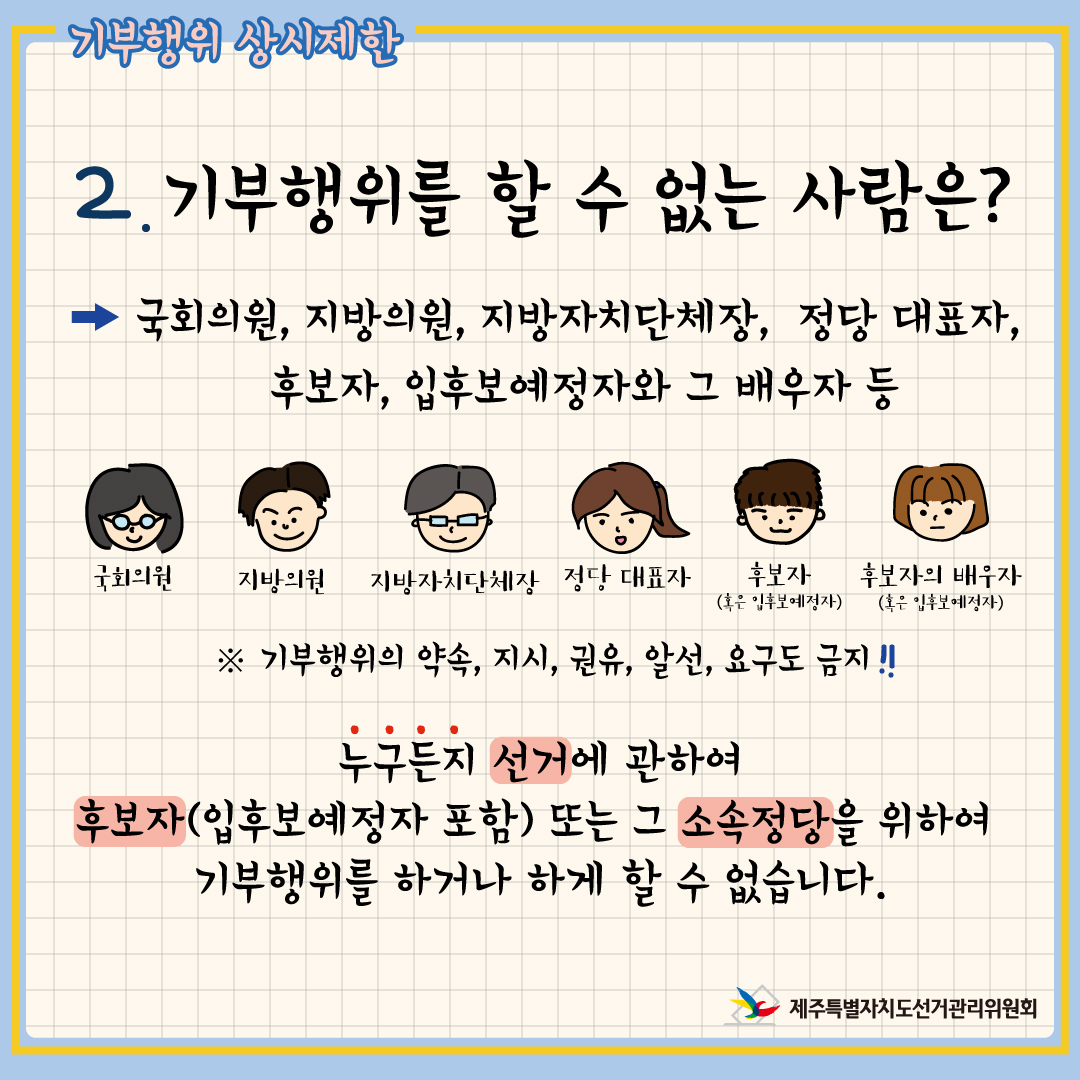 기부행위2 기부행위 상시제한. 2. 기부행위를 할 수 없는 사람은? 국회의원, 지방의원, 지방자치단체장, 정당 대표자, 후보자, 입후보예정자와 그 배우자 등 / 국회의원, 지방의원, 지방자치단체장, 정당 대표자, 후보자-혹은 입후보예정자, 후보자-혹은 입후보예정자의 배우자. ※ 기부행위의 약속, 지시, 권유, 알선, 유구도 금지!!. 누구든지 선거에 관하여 후보자(입후보예정자 포함) 또는 그 소속정당을 위하여 기부행위를 하거나 하게 할 수 없습니다. 제주특별자치도선거관리위원회.