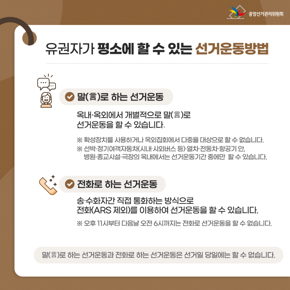 유권자가 평소에 할 수 있는 선거운동방법 - 말(言)로 하는 선거운동 : 옥내·옥외에서 개별적으로 말(言)로 선거운동을 할 수 있습니다. ※ 확성장치를 사용하거나 옥외집회에서 다중을 대상으로 할 수 없습니다. ※ 선박·정기여객자동차(시내·시외버스 등)·열차·전동차·항공기 안, 병원·종교시설·극장의 옥내에서는 선거운동기간 중에만 할 수 있습니다. - 전화로 하는 선거운동 : 송·수화자간 직접 통화하는 방식으로 전화(ARS 제외)를 이용하여 선거운동을 할 수 있습니다. ※ 오후 11시부터 다음날 오전 6시까지는 전화로 선거운동을 할 수 없습니다. 말(言)로 하는 선거운동과 전화로 하는 선거운동은 선거일 당일에는 할 수 없습니다.
