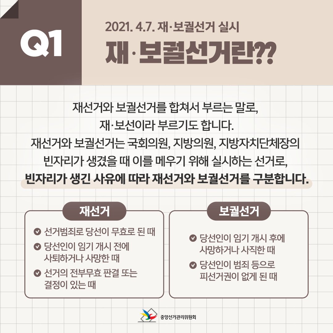 Q1. 2021. 4. 7. 재·보궐선거란?? 재선거와 보궐선거를 합쳐서 부르는 말로, 재·보선이라 부르기도 합니다. 재선거와 보궐선거는 국회의원, 지방의원, 지방자치단체장의 빈자리가 생겼을 때 이를 메우기 위해 실시하는 선거로, 빈자리가 생긴 사유에 따라 재선거와 보궐선거를 구분합니다. - 재선거 : 선거범죄로 당선이 무효로 된 때, 당선인이 임기 개시 전에 사퇴하거나 사망한 때, 선거의 정부무효 판결 또는 결정이 있는 때 - 보궐선거 : 당선인이 임기 개시 후 사망하거나 사직한 때, 당선인이 범죄 등으로 피선거권이 없게 된 때