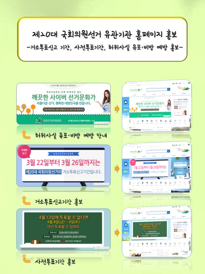 순천시선거관리위원회는 4월 13일 실시하는 제20대 국회의원 선거에 있어 유관기관 홈페이지를 활용하여 홍보를 실시하고 있습니다.