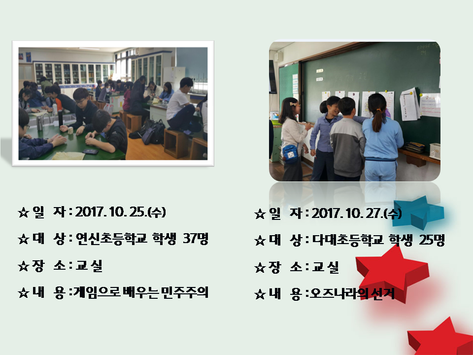 2017년 10월 25일 연신초등학교와 2017년 10월 27일 다대초등학교의 모의선거교실수업시간  